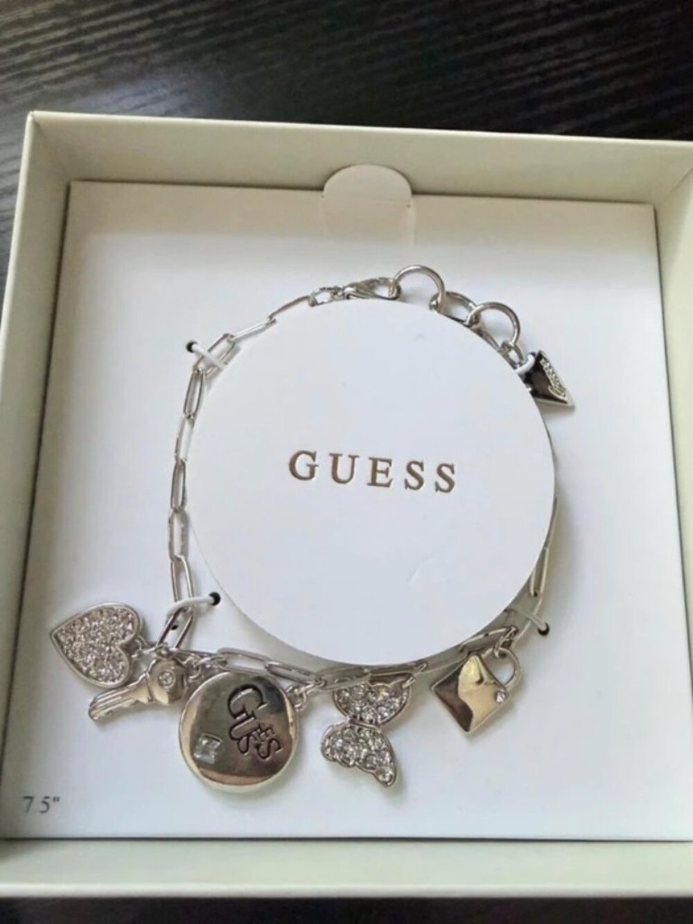 Guess Silver Charm Bracelet with Crystal Hearts